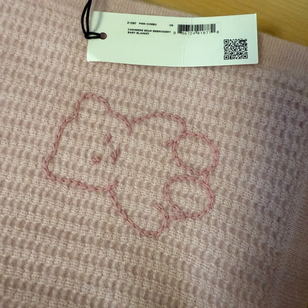 White + Warren Baby Cashmere Blanket Pink Embroidered Bear 100% Cashmere